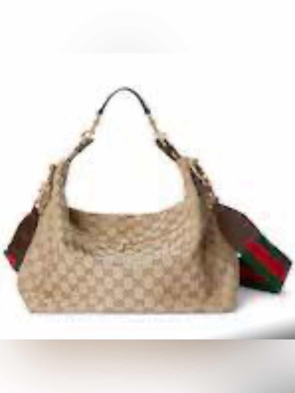 Source Unknown Beige Signature-Pattern Hobo with Red and Green Accents